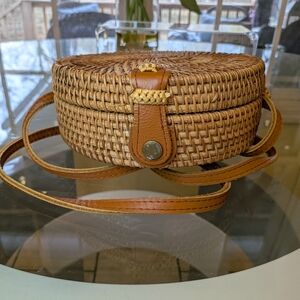 Round Woven Rattan And Tan Leather Crossbody Bag